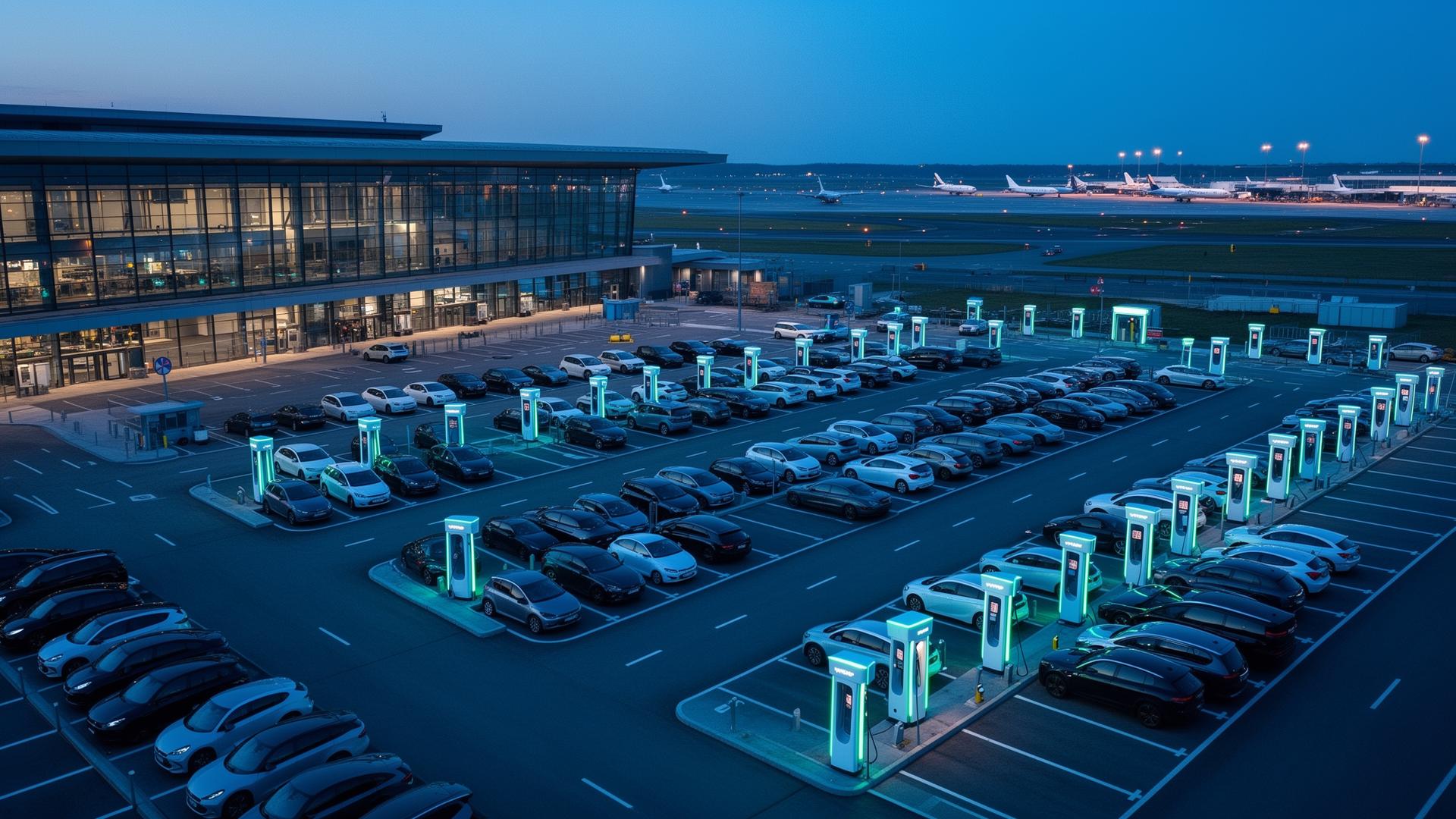 Parking extérieur près d'un aéroport avec bornes de recharge
